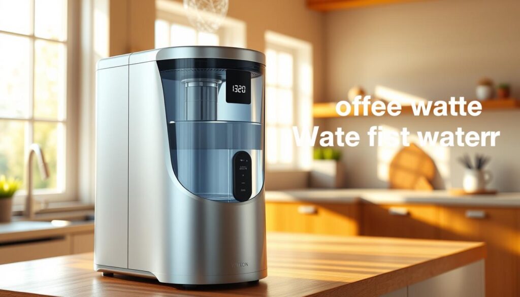 a realistic 3D render of a modern, silver-colored water distiller with a glass water tank and LED display, placed on a wooden kitchen counter in a sunlit room. The distiller has a sleek, minimalist design with curved edges and a transparent viewing window, showcasing the water purification process. The room has warm, natural lighting filtering in through large windows, casting soft shadows and highlights on the distiller. The scene conveys the benefits of a water distiller, such as removing impurities and minerals, providing clean, healthy drinking water.