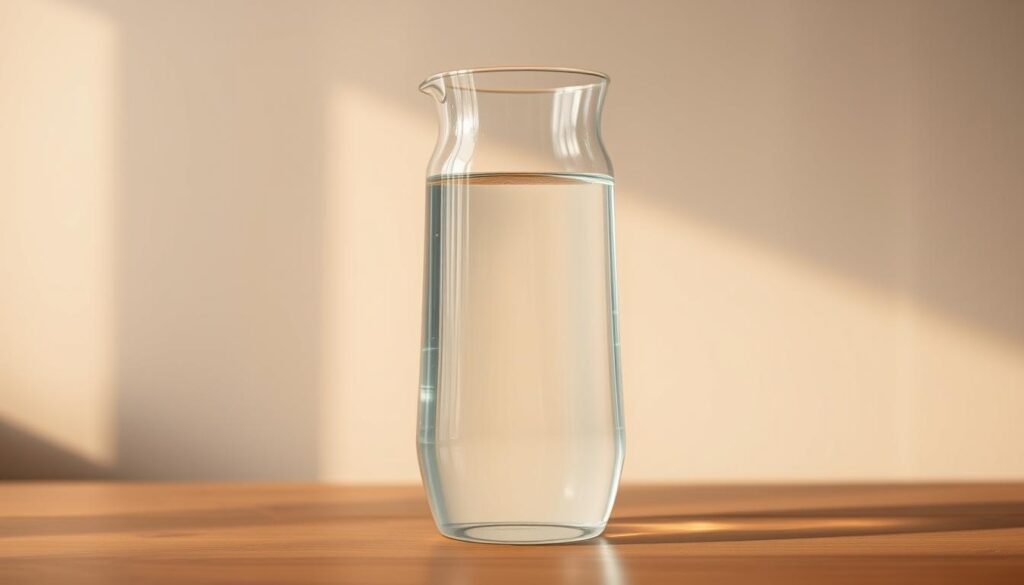 A glass container filled with clear distilled water, standing prominently on a wooden surface. Warm, indirect lighting from the side creates soft shadows, highlighting the container's curves and transparency. The water's surface is still and reflective, mirroring the surroundings. In the background, a neutral-colored wall creates a simple, uncluttered setting, emphasizing the central water storage. The scene conveys a sense of tranquility and clinical precision, suitable for showcasing the importance of proper CPAP water storage.