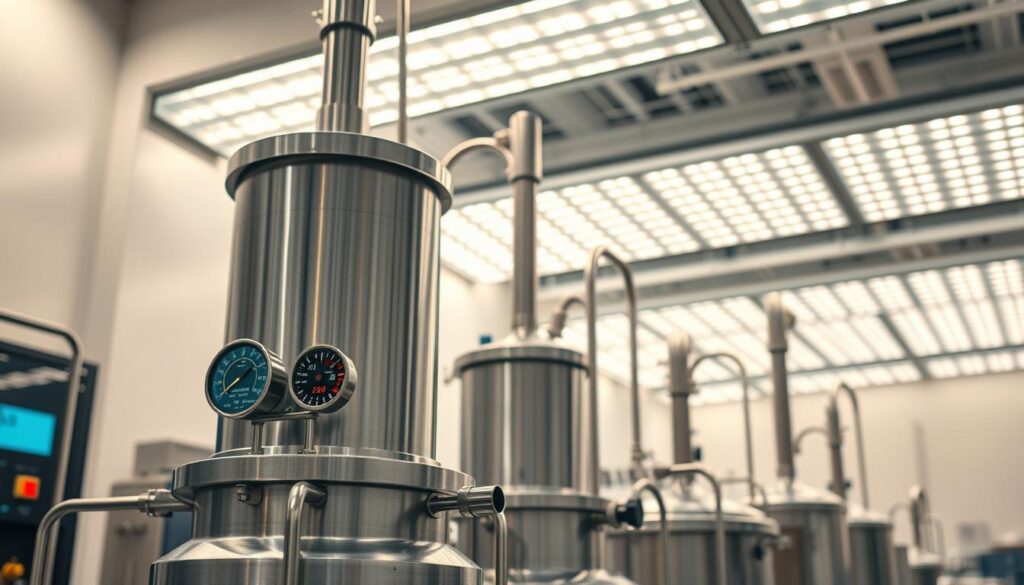 A sleek, modern distillation apparatus stands in a well-lit laboratory setting. The device's stainless steel components gleam under the soft, diffused lighting, highlighting its efficient and streamlined design. In the foreground, a series of gauges and readouts display real-time data on temperature, pressure, and energy consumption, showcasing the system's advanced energy-monitoring capabilities. In the background, a grid of energy-efficient LED lights illuminates the space, casting a warm, ambient glow that complements the clinical, technical atmosphere. The overall scene conveys a sense of cutting-edge technology, scientific precision, and a commitment to sustainable, energy-conscious practices in the field of distillation.