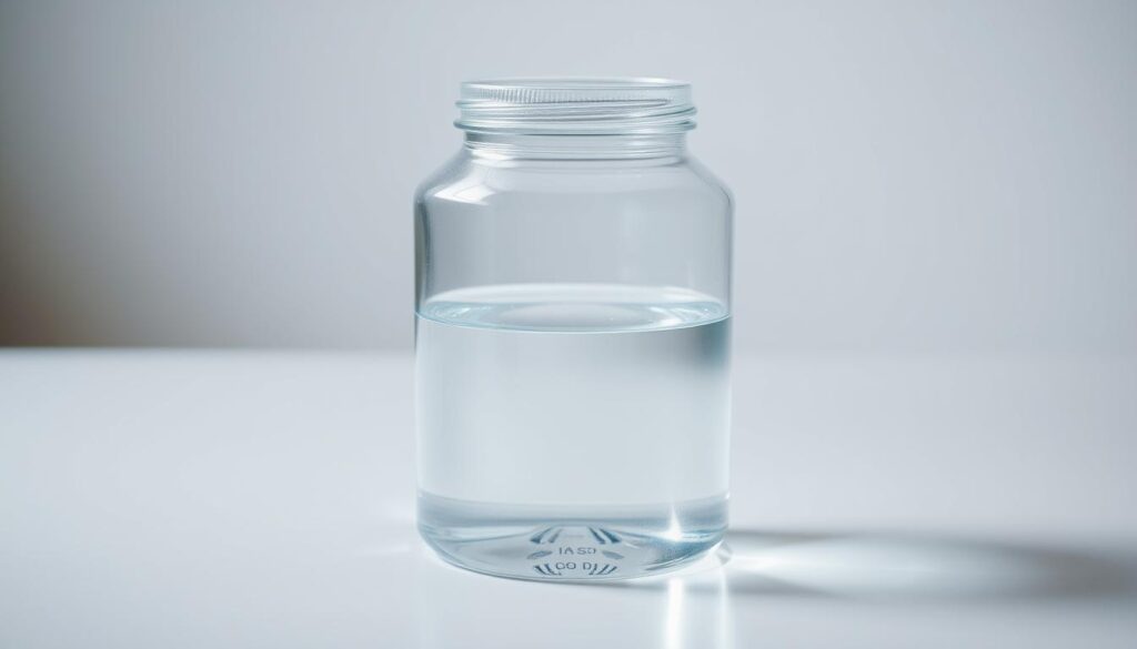 A well-lit, high-resolution image of a medical-grade distilled water storage container. The container is made of clear glass or transparent plastic, allowing the viewer to see the pure, colorless liquid inside. The container has a secure, tamper-evident lid to maintain the water's sterility. The container is placed on a clean, neutral-colored surface, possibly a stainless steel or wooden table, with soft, diffused lighting illuminating the scene from the side. The overall atmosphere is clean, clinical, and focused on the functional storage of the distilled water for medical or CPAP equipment use.
