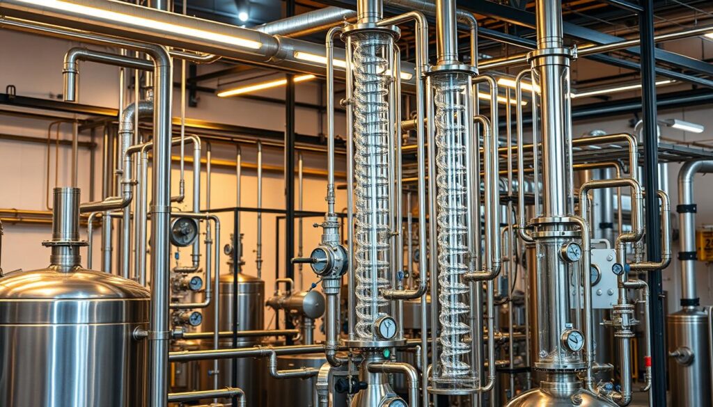 Continuous distillation process: A complex industrial apparatus with a series of interconnected vessels and tubes, meticulously engineered to purify liquid through evaporation and condensation. In the foreground, a sleek, stainless steel column rises, its intricate internal structure visible through tempered glass panels. Surrounding it, a network of pipes, valves, and gauges, all working in harmony to monitor and control the flow of the liquid. The middle ground showcases a series of distillation chambers, where the vapor is condensed and collected, while the background features a warm, industrial lighting that casts a gentle glow, highlighting the precision and efficiency of the entire system.