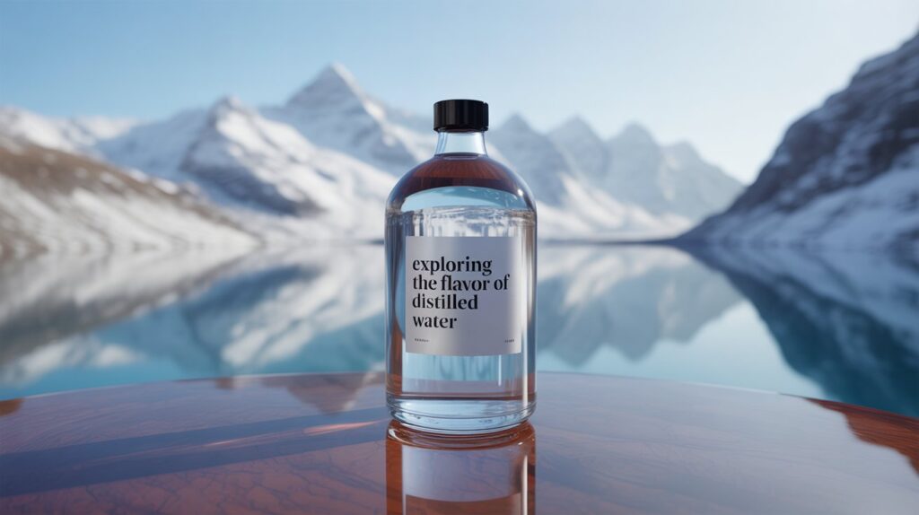 A photograph depicting a single, elegant glass bottle of distilled water sitting on a polished dark wood surface. The bottle has a minimalist label that reads "Exploring the Flavor of Distilled Water" in a modern sans-serif font. Behind the bottle, softly blurred, is a panoramic view of a pristine, snow-capped mountain range reflecting in the clear water of a glacial lake. Soft, natural light illuminates the scene, emphasizing the purity and clarity of the water, with subtle reflections on the glass surface.