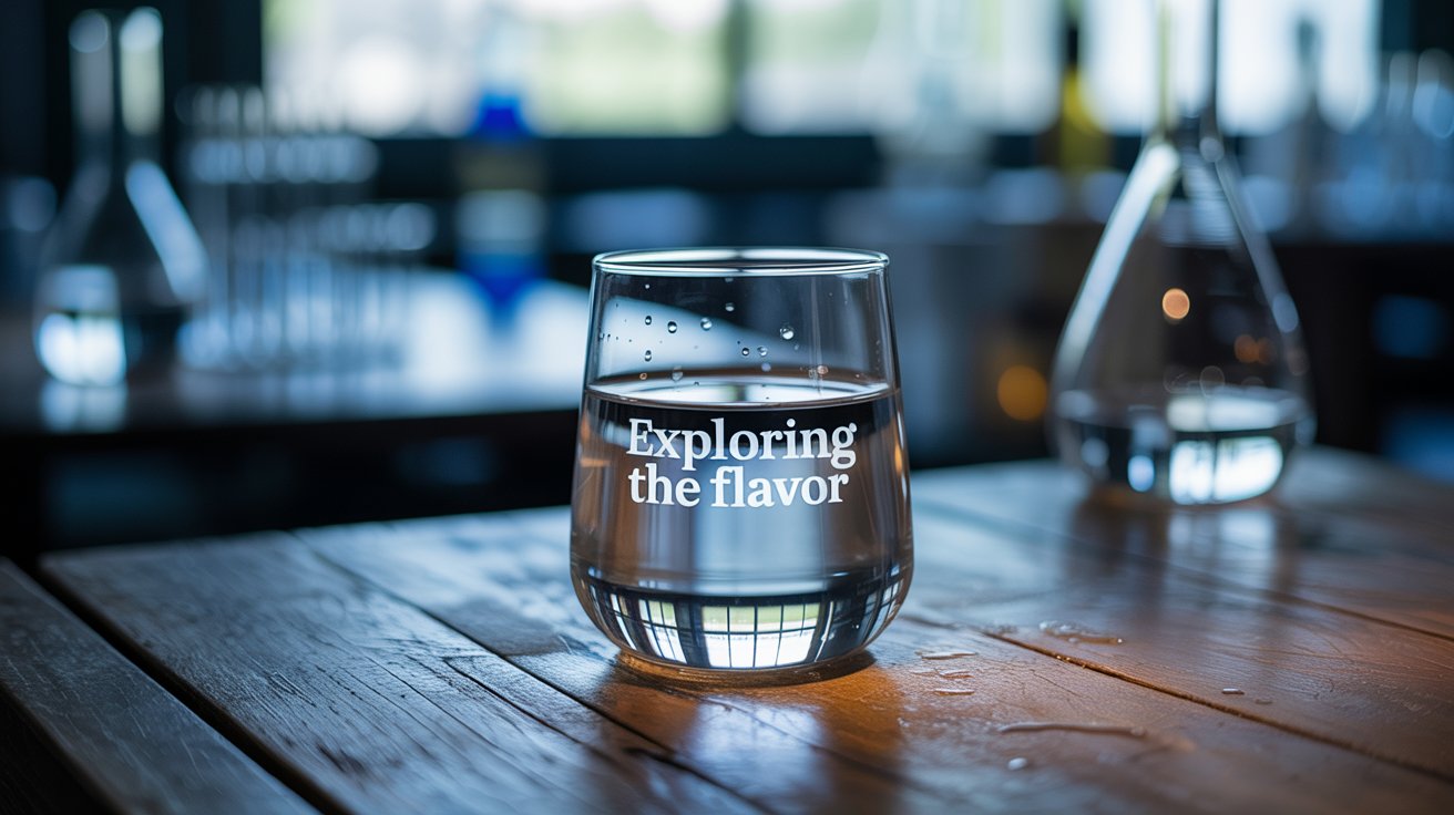 A photograph showcasing a single glass of pristine distilled water, prominently displayed on a rustic wooden table. The water is clear and reflects a subtle ambient light, with a few tiny condensation droplets clinging to the outside of the glass. In the blurred background, a laboratory setting with various beakers and glassware suggests a scientific exploration of water's purity, illuminated by soft, diffused laboratory lighting. The glass displays the words "Exploring the Flavor" in elegant, minimalist font.
