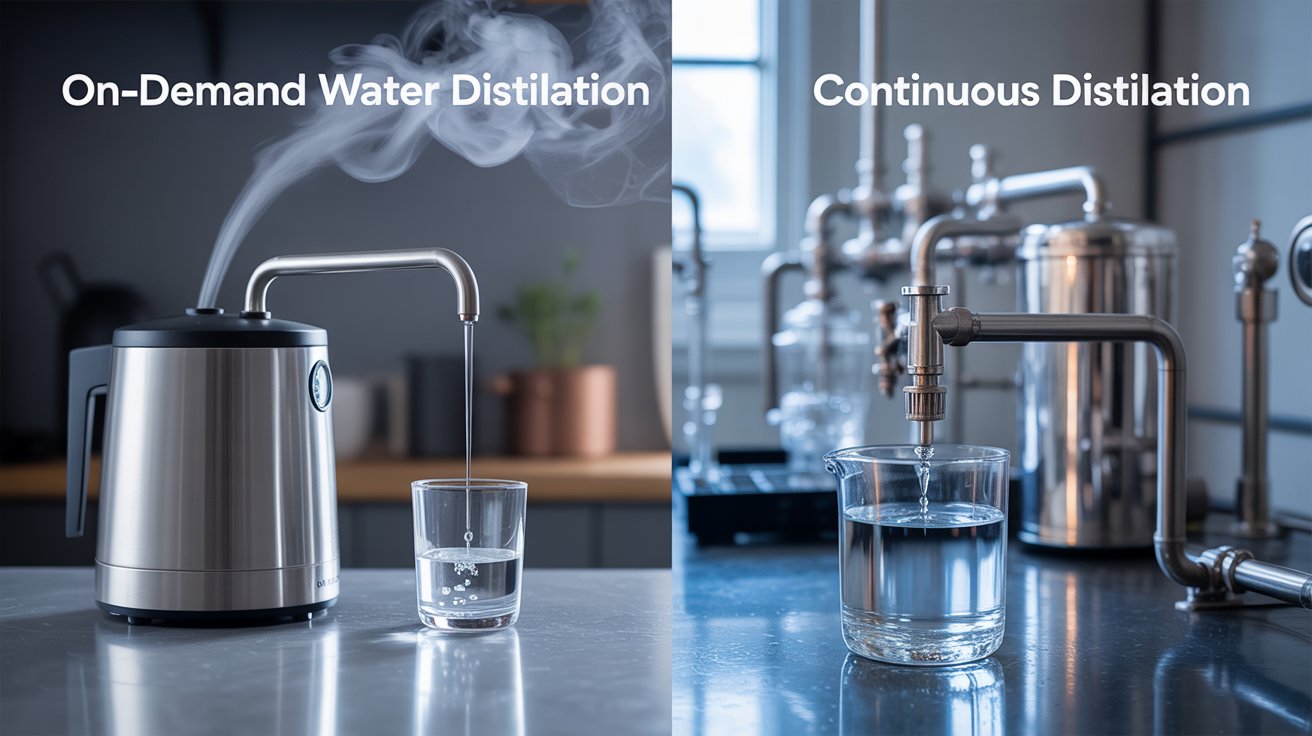 A photograph showcasing a split-screen comparison of "On-Demand Water Distillation" versus "Continuous Distillation". On the left side, a sleek, modern countertop water distiller sits on a stainless steel surface, subtly steaming with purified water dripping into a glass carafe. The right side displays a larger industrial continuous distillation setup with gleaming pipes and gauges. Soft, diffused lighting highlights the contrast in scale and technology, emphasizing efficiency and innovation.