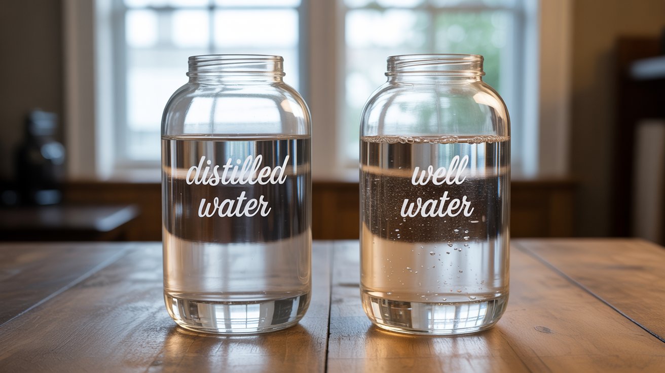 A photograph showcasing two clear glass jars side-by-side, labeled “Distilled Water” and “Well Water” in elegant cursive script. The jar labeled "Distilled Water" is crystal clear, revealing no sediment and reflecting the light with pristine clarity. Beside it, the jar labeled "Well Water" displays a subtle amber hue and fine particles suspended within, hinting at its mineral content. Both jars rest on a rustic wooden table illuminated by soft, natural window light, creating a subtle contrast between the two water sources.