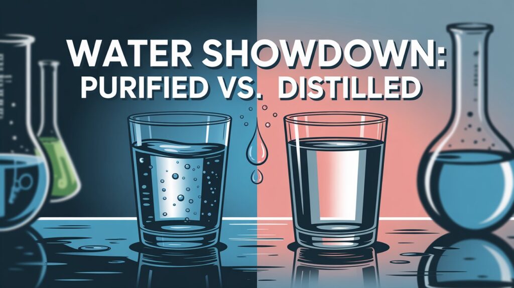 A digital illustration for a blog post showcasing a split-screen comparison of purified and distilled water. On the left, a glass of purified water with visible mineral particles reflecting light sits beside a stylized droplet; on the right, a clear glass of distilled water appears pristine against a subtle gradient. The text "Water Showdown: Purified vs. Distilled" is displayed in bold, sans-serif white letters with a semi-transparent dark blue overlay for readability against the background. A blurred background depicting a science laboratory with beakers and test tubes reinforces the technical theme and subtly emphasizes the water's scientific examination.